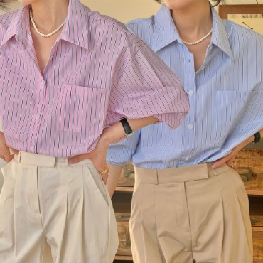 배색 스트라이프셔츠 오버핏 줄무늬 여성남방