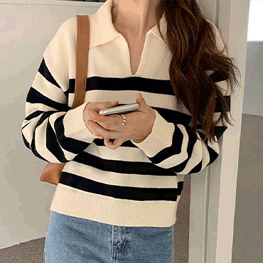 오픈 카라 단가라 니트 여성 줄무늬 스웨터